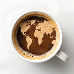 Coffee Cup with World Map. Creative concept: coffee mug top view showing world map in coffee foam – global coffee lovers.