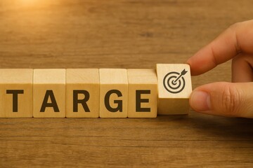 Hand Placing Target Block in Front of Word Target on Wooden Desk Background Symbolizing Goal Achievement and Strategic Planning in Business