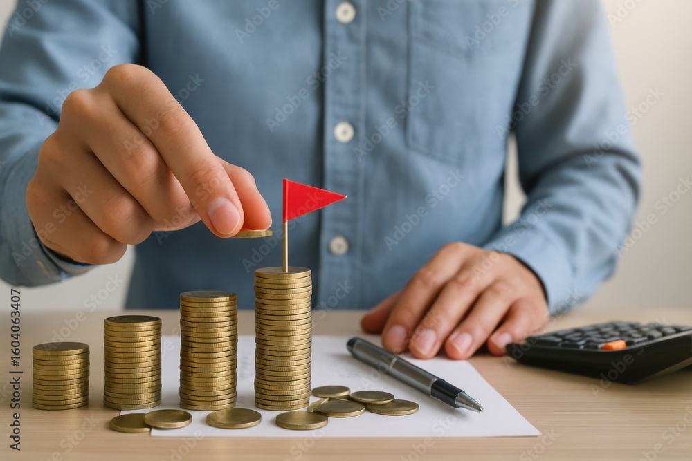 Poster hands placing coin on stack with red flag representing financial growth and investment strategies in