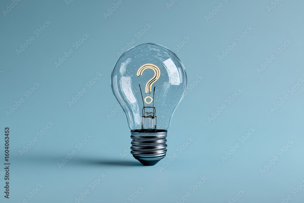 Poster a glowing bulb surrounded by question marks serves as a symbol for the role of innovation and insigh