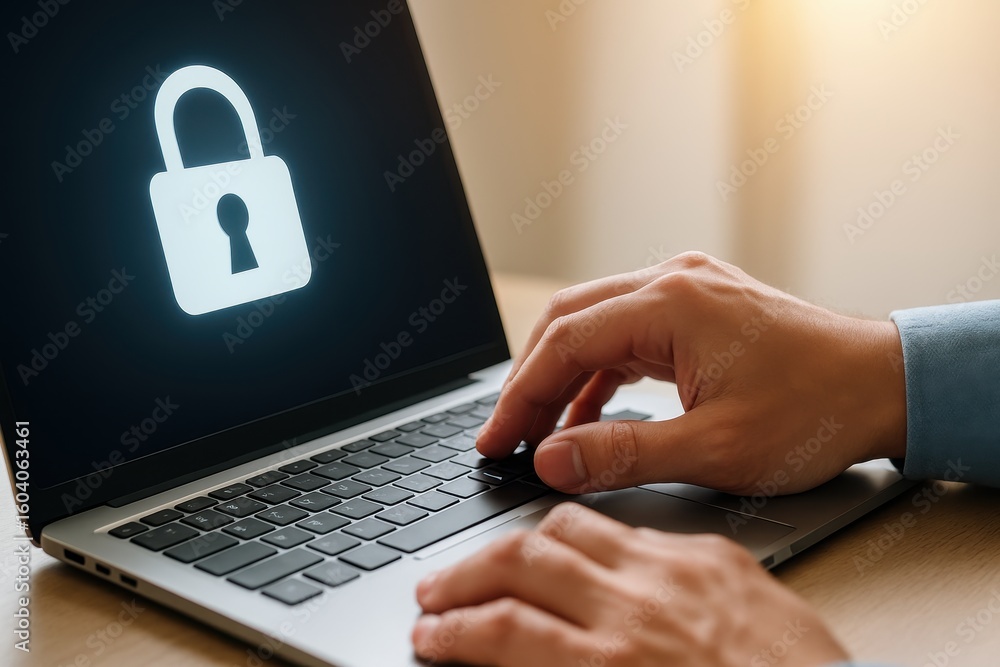 Poster close-up of a person using laptop with lock icon on screen symbolizing digital security and online p