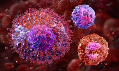 Human immune cells: mast cell, basophil, eosinophil, involved in allergic reactions and inflammation. Granulated leukocytes in tissue. Allergy, degranulation, infection disease. Scientific medical 3D