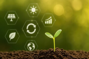 Fresh Green Seedling Growing in Soil with Eco-Friendly Icons Representing Sustainability and Renewable Energy Concepts