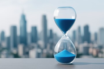 Hourglass with Blue Sand Against a City Skyline Representing Time Management and Anticipation in a Modern Urban Environment