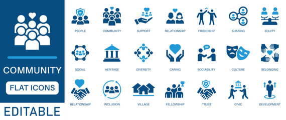 Community icon set. featuring support, diversity, friendship, equity, inclusion, trust, culture, and social connection. Perfect for social projects, NGOs, education, and civic engagement designs.