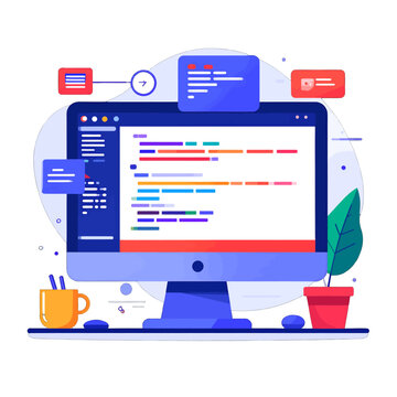 Flat Design Computer Screen Showing Code