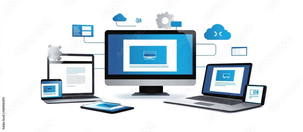 Aufkleber seamless connectivity, a network of devices displaying interconnected screens