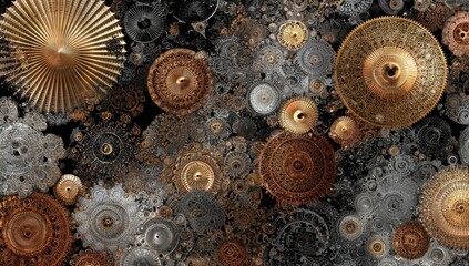 Complex intricate gears and fractal-like metallic elements in a rich palette of gold, copper, and gray