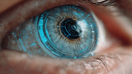 The image depicts a human eye up close, integrated with a futuristic digital display, embodying technology and innovation in a digital environment