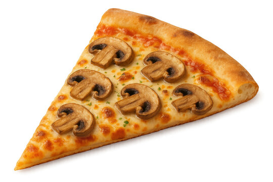 Single slice of pizza, topped with sliced mushrooms and herbs, is presented on a transparent background, ready for compositing