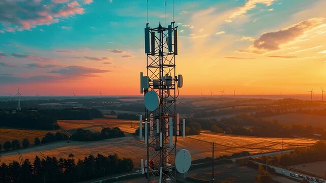 Cellular tower antenna at sunset over rural landscape with fields and trees wireless signal transmission metal structure vibrant sky countryside field