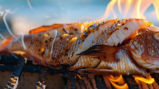 Grilled whole fish with spices cooking over open flame barbecue grill fresh seafood meal vibrant colors crispy skin appetizing texture