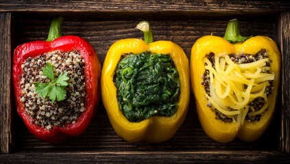 Stuffed red peppers accompanied by greens and vegetables are on the table in a close-up view