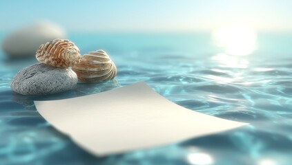The design of a summer vacation brochure includes a blank paper mockup drifting on turquoise water near rocks, offering a minimalist template for various applications such as flyers, posters, and