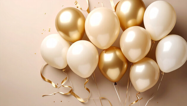 Elegant Air Balloons: A cluster of elegant gold and white balloons, celebrating a special moment. creating a sense of joy, celebration, and anticipation.