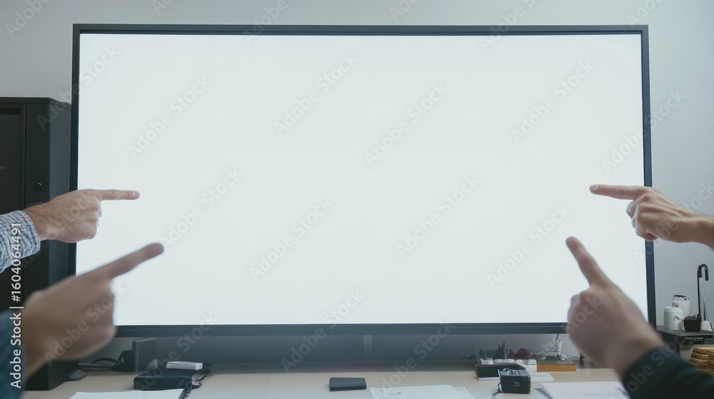 Poster hands pointing at blank interactive whiteboard for presentation