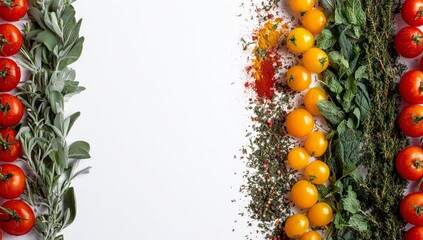 Red, ripe tomatoes, along with herbs like basil and rosemary and various spices, are presented on a white background, symbolizing key ingredients for a healthy, vegetarian meal, emphasizing the