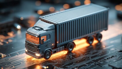 A modern transport system relies on cargo logistics management technology, which utilizes a digital data network to optimize truck transportation and track global business supply chains