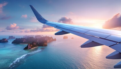 Obraz premium At sunset in the summer, the airplane window offers a breathtaking view of a jet flying plane over tropical ocean islands