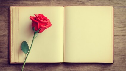 On a wooden table, a vintage book is set against a backdrop of red roses on lined book pages, empty space inviting the creation of a romantic love letter or a Valentine's Day greeting card