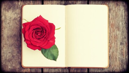 Red roses adorn lined book pages on a wooden table, symbolizing romance and affection, and providing a beautiful background for a love letter or Valentine's Day card with ample empty space