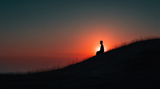Meditating person enjoying the sunset on a hill, a moment of peace and reflection.