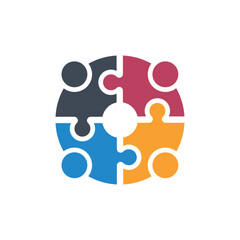 Teamwork and People Puzzle Logo - Four Connected Pieces Vector Illustration