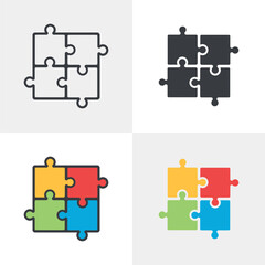Puzzle Icon Set - Line, Solid, Filled Outline, and Colorful Vector Styles for Plugins or Connection Symbols