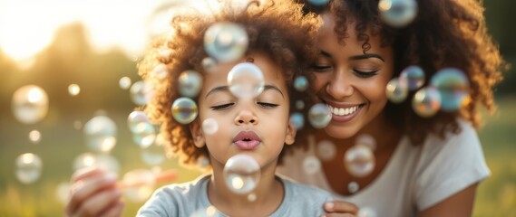 Joyful mother and child play with iridescent bubbles outdoors.