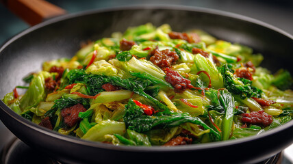 Stir fried Chinese cabbage with pork is delicious dish that brings vibrant flavors to table