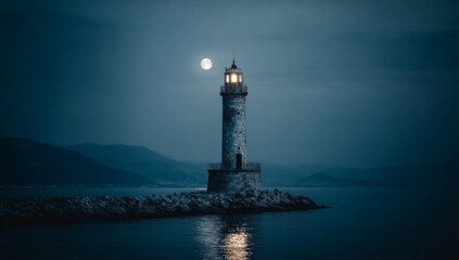 Fototapeta premium A mysterious lighthouse stands tall against stormy skies near the shoreline at twilight