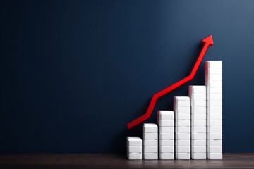 A rising trend of progress and success is illustrated through the steady growth of dark blue bars and the inclusion of a bold red arrow symbol