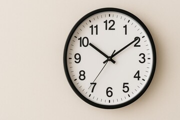 Wall Clock Displaying Time in Simple Design with Black Numbers against Cream Colored Wall for Home or Office Decor
