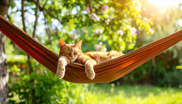 Cat's Summer Siesta: A serene ginger cat reclines luxuriously in a hammock, basking in the gentle warmth of a sun-dappled summer day, exemplifying pure relaxation.