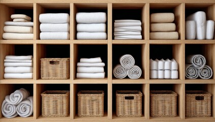 The clean interior aesthetic of a modern white wardrobe with open shelves is achieved through organized items, such as folded white towels, that double as decor, reflecting a home decor concept that