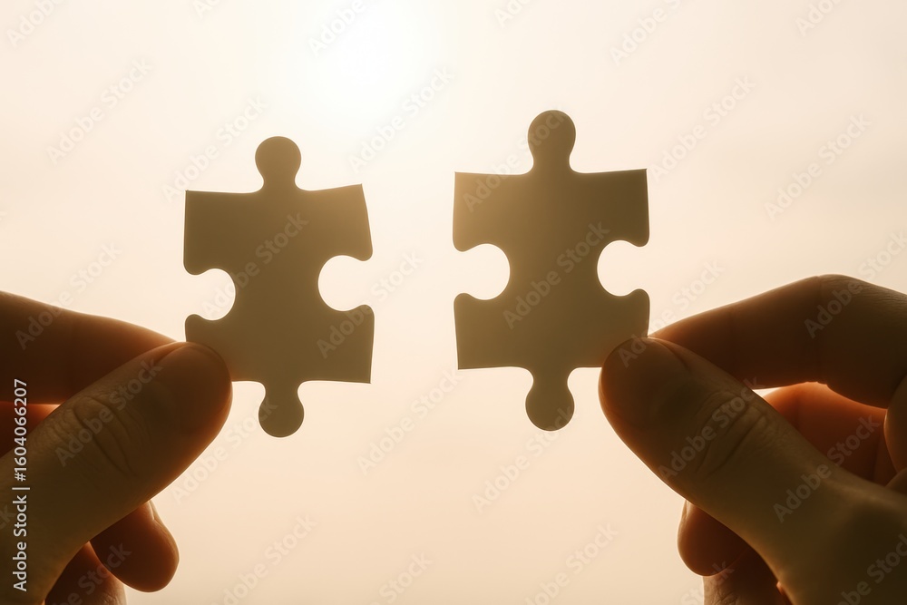 Poster two hands holding two puzzle pieces at sunset symbolizing connection, unity, and problem solving in 