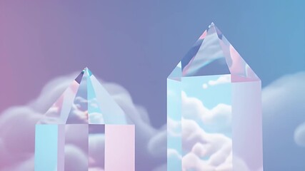 Ethereal crystal prisms reflecting a dreamy pastel sky with soft clouds, an abstract 3D fantasy landscape. - Powered by Adobe