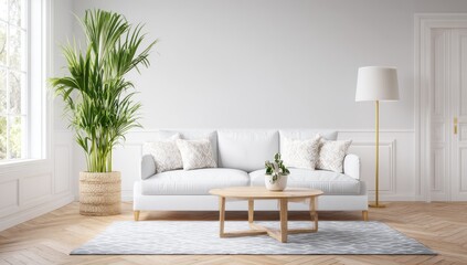 A modern living room with minimalist design elements includes a gray sofa paired with a round wooden table, simple decorative accents, a large plant, and ample window light filtered through white
