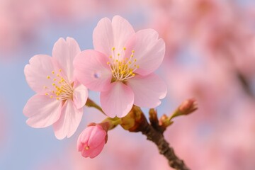 Delicate Cherry Blossom Flowers in Full Bloom Against a Soft Pink Background, Radiating Spring Vibes and Natural Beauty