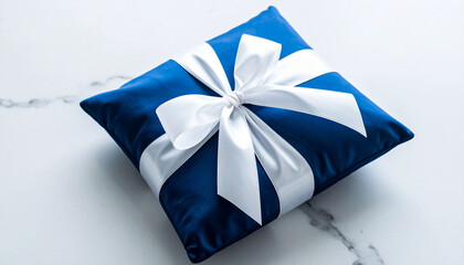 Gift-Wrapped Treasure: An exquisite dark blue velvet pillow adorned with a pristine white ribbon, symbolizing elegance and luxury, perfect for celebrating special moments.
