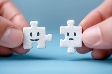 Two Hands Holding Puzzle Pieces with Smiling and Sad Faces, Emotions and Connection Concept, Close-Up