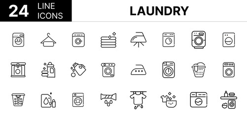 Collection of 24 Laundry line icons featuring editable strokes. These outline icons depict various modes of Laundry, washer, launderette, line, outline, design, thin, linear, 