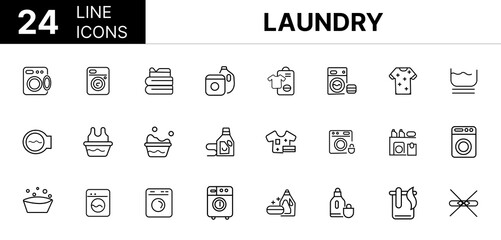 Collection of 24 Laundry line icons featuring editable strokes. These outline icons depict various modes of Laundry, washer, launderette, line, outline, design, thin, linear, 