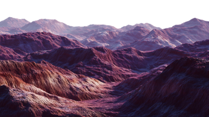 Expansive purple and red mountain landscape with undulating valleys and peaks isolated on transparent background