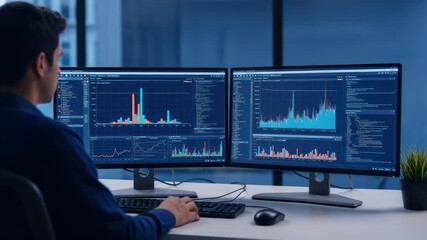 Financial analyst examining stock market data, using multiple monitors to track market trends - Powered by Adobe