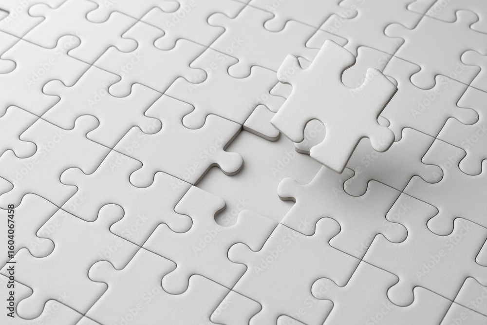 Poster empty puzzle pieces with one missing piece on plain white surface ideal for concept of completeness,