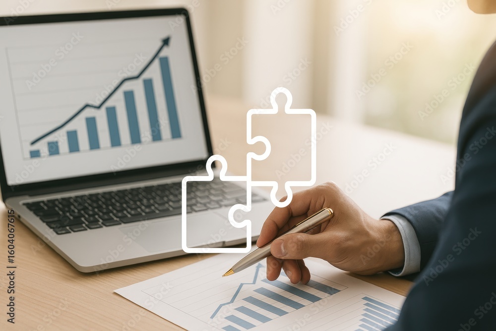 Aufkleber business growth strategy with graph analysis and puzzle concept for solution development in modern w