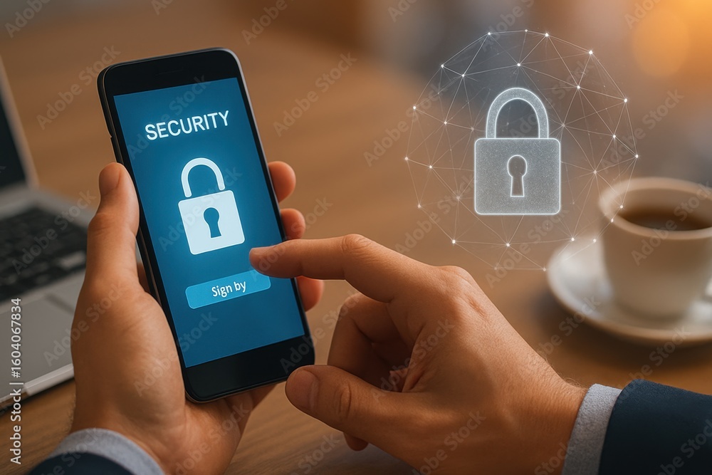 Poster digital security concept showing hand using smartphone for sign in with lock icon and coffee cup in 