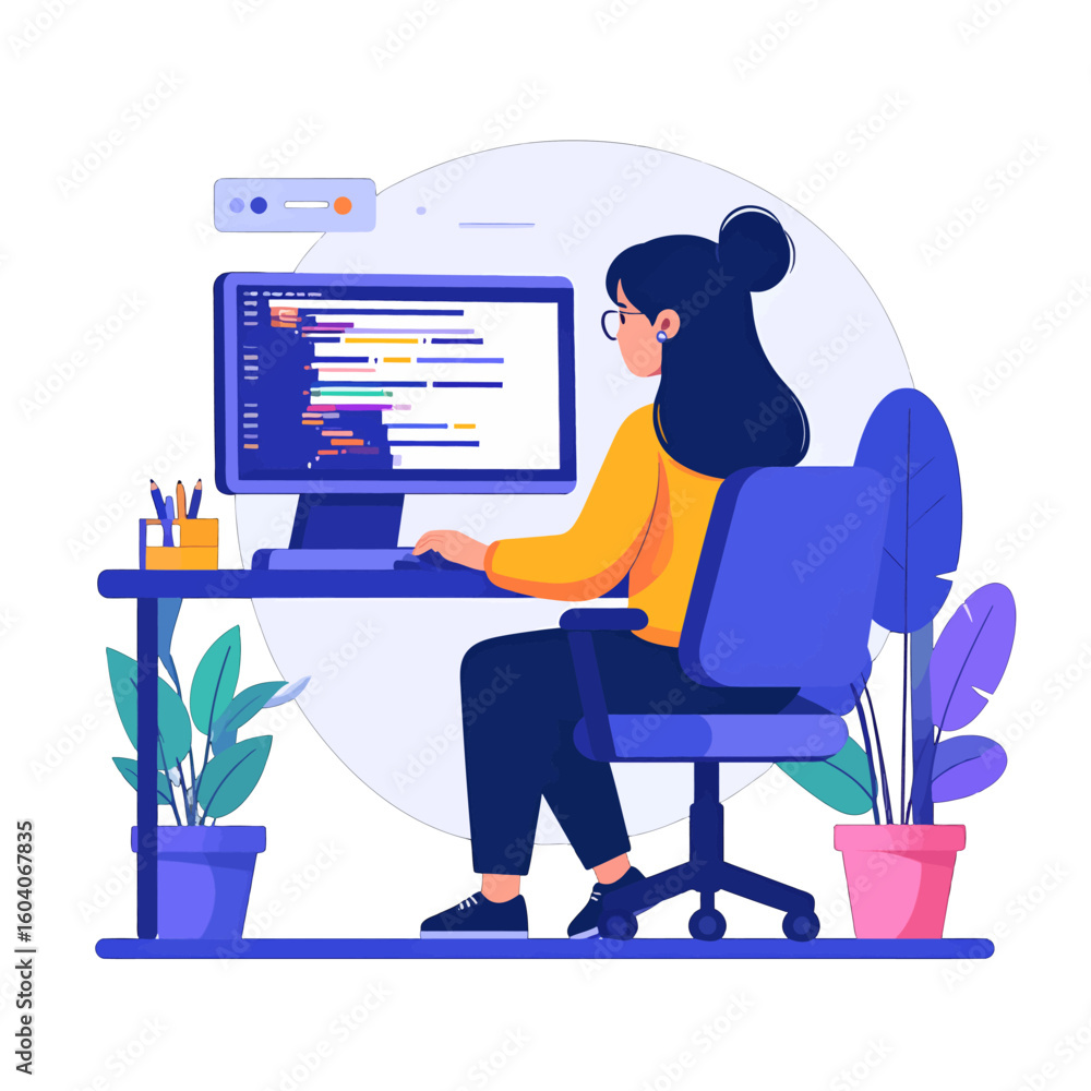 Poster flat vector illustration of a female programmer with dark hair in a bun, coding at a modern desk wit