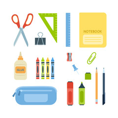 Back to school set. Stationery vector illustration set, educational inventory, objects, school supplies, ruler, notebook, pencils, pen, scissors, glue, pencil case, paper clip.